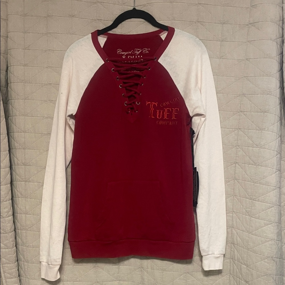 Women's Cowgirl Tuff Co Red and White Lace-Up Top NWT